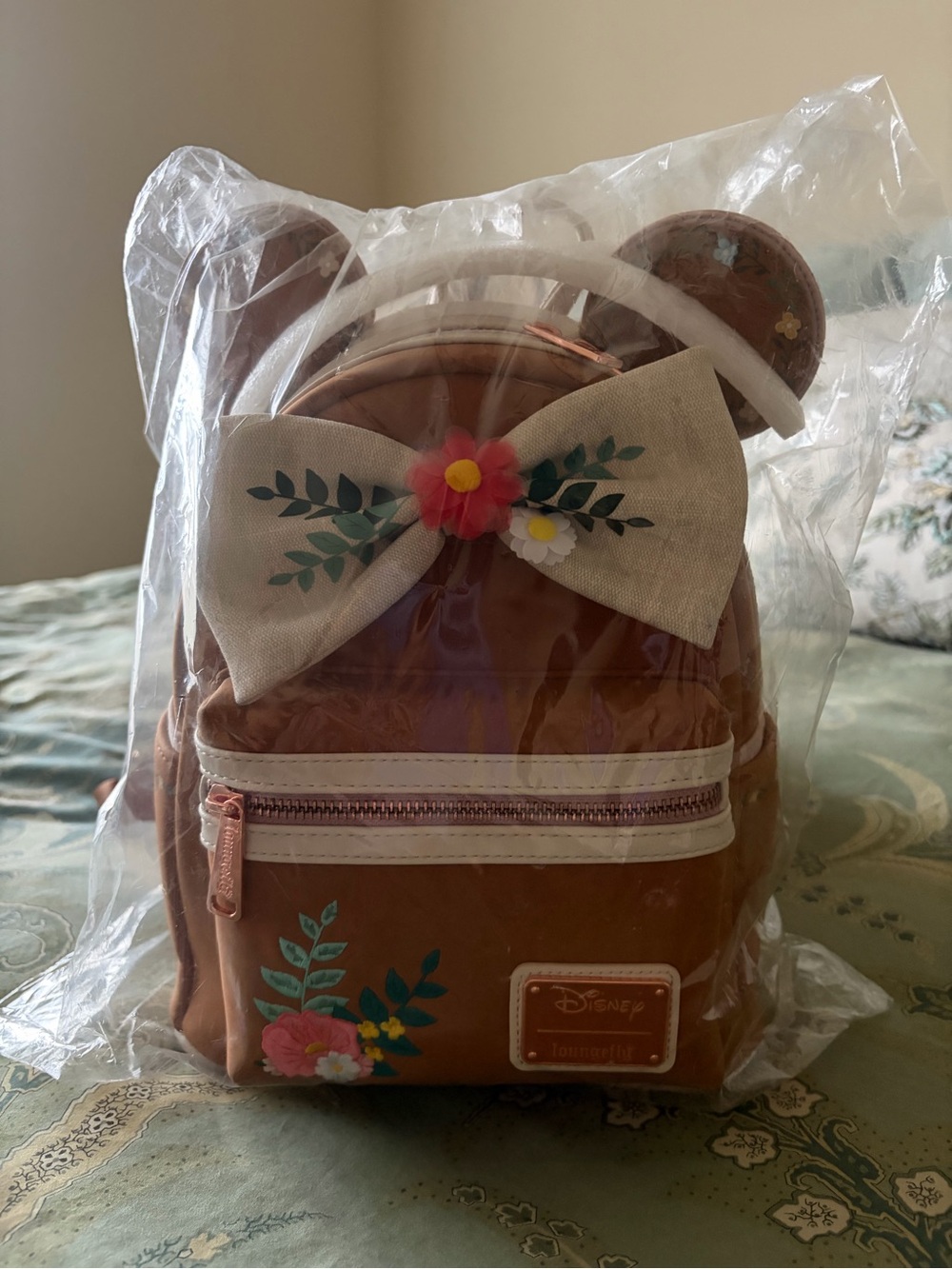 Disney Tan Floral Mini Backpack with Bow and Ears